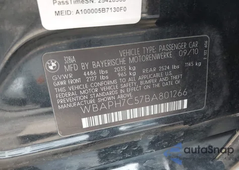 2011 BMW 328I из США, поврежденный, VIN WBAPH7C57BA801266